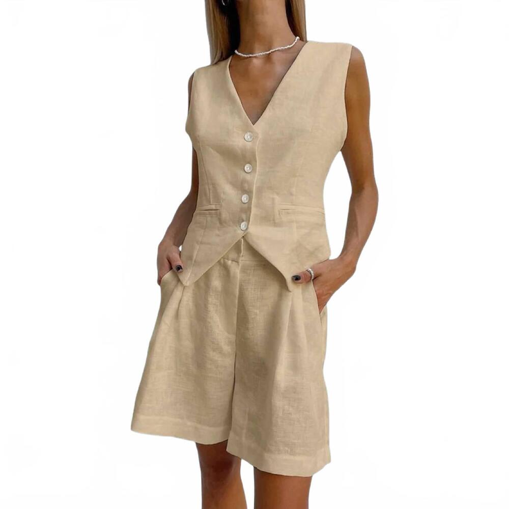 NEW CORE IN FASHION beckett sleeveless button vest and shorts set in khaki